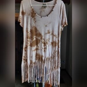 Vocal Tie-Dye Fringe Top in Cream and Brown